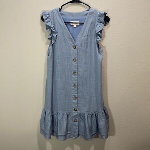 L’ ATISTE blue linen dress button front ruffle‎ bottom